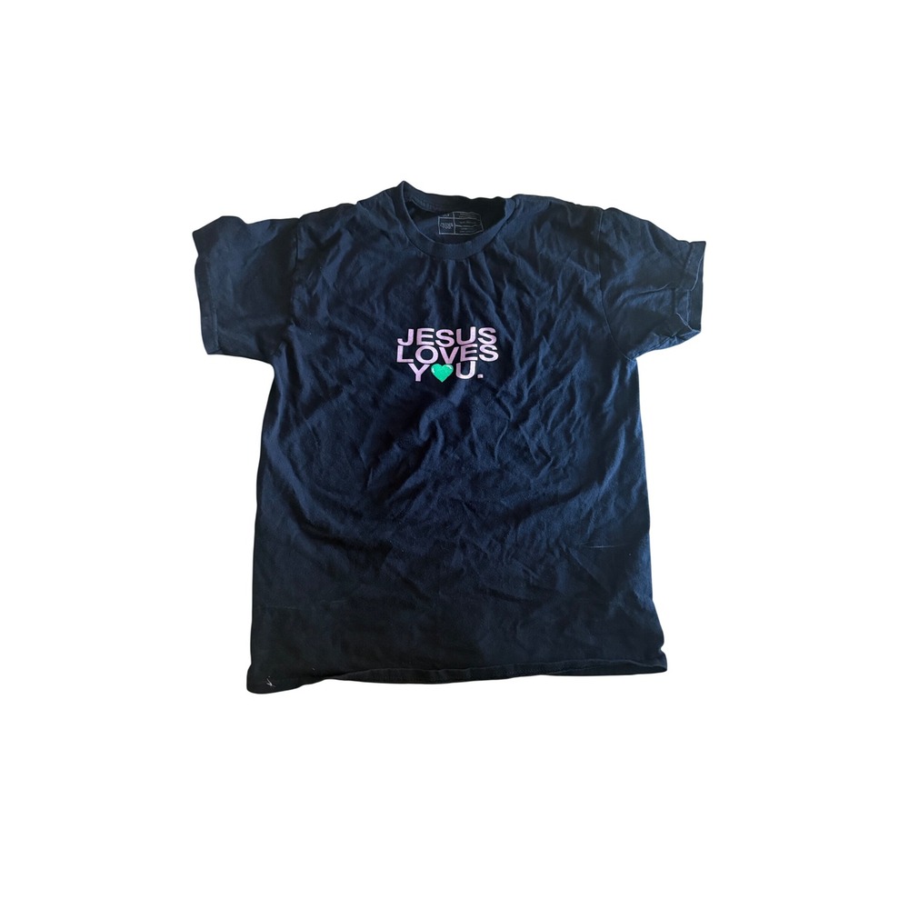 Jesus Loves You Black T-Shirt Pink Green Heart Women Size M